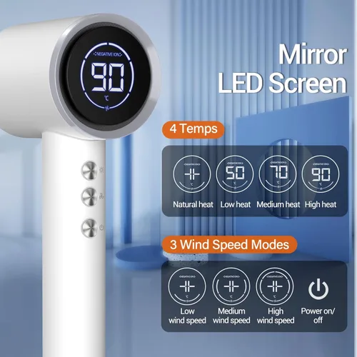 Miniatura 2 de Secador de pelo con difusor, 110000RPM de alta velocidad profesional para secado rápido, iónico con boquilla magnética y pantalla LED, portátil