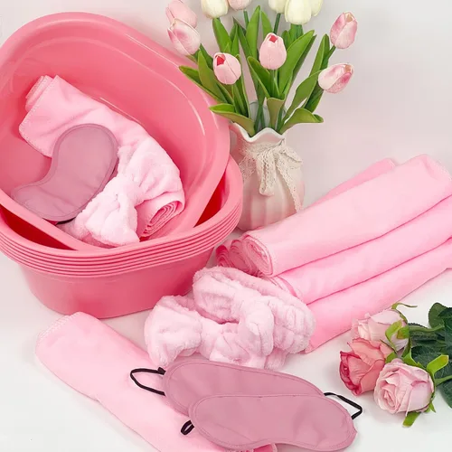 Miniatura 5 de Kit de spa de pies para niños, 32 piezas, color rosa claro de 8 pies para remojo, 8 toallas, 8 bandas para el cabello y 8 máscaras de ojos