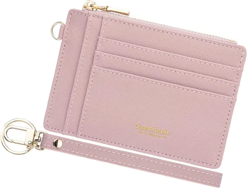 Miniatura 18 de Cartera delgada para mujer con bloqueo RFID para tarjetas de crédito, porta tarjetas tipo pulsera con cremallera para identificación, cartera