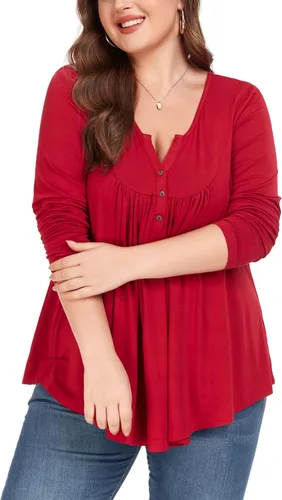 Miniatura 4 de Camiseta básica para mujer, talla grande, cuello Henley, con botones, ajuste holgado, estilo casual