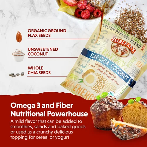 Miniatura 3 de Barlean's Mezcla Orgánica de Semillas de Lino, Chía y Coco con 2,330 mg de Ácidos Grasos Omega 3, Suplemento de Fibra con Semillas de Chía Enteras