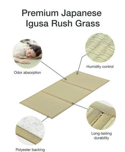 Miniatura 5 de FULI Colchón de tatami japonés, tapete Igusa (100% hierba japonesa Rush) se pliega en tres, fabricado en Japón (natural, Full XL)