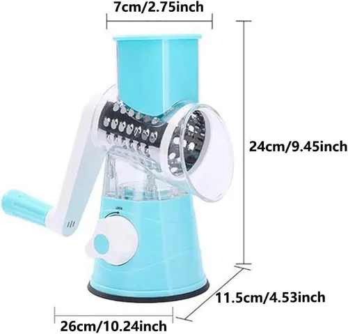 Miniatura 8 de Rallador rotativo de queso, 3 cuchillas de tambor, velocidad manual, redondo, rebanador de alimentos, molinillo de nueces con base de succión fuerte