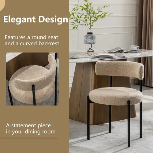 Miniatura 4 de Juego de 2 sillas de comedor Boucle, sillas de comedor beige con asiento tapizado y respaldo redondo, sillas de cocina modernas de mediados de siglo