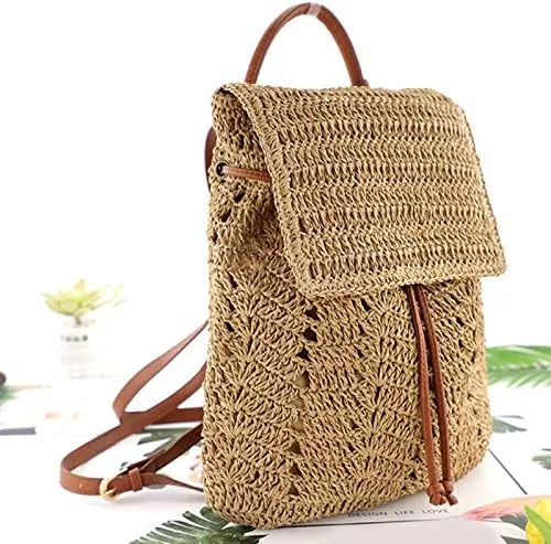 Miniatura 3 de Sherry Moda paja mochila para las mujeres cordón bolso de hombro bohemio playa bolsos