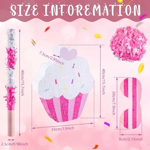 Miniatura 2 de Piñata de cupcakes para fiesta de cumpleaños, piñata azul para niñas con palo, confeti para los ojos vendados, piñatas grandes de helado para niños