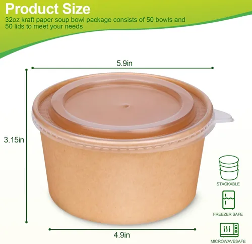 Miniatura 6 de Greensight Cuencos de papel grandes de 32 onzas con tapas, paquete de 50 unidades, desechables, biodegradables para ensaladas, sopas, alimentos