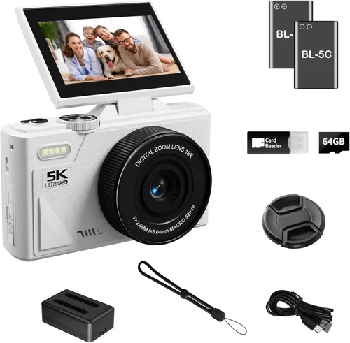 Cámara digital 5K para fotografía con WiFi, cámara de vlogging Ultra HD de 75MP para YouTube con pantalla abatible de 180° de 3 pulgadas, cámaras