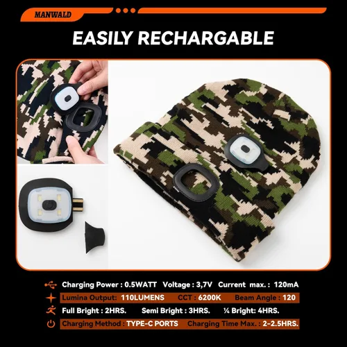 Miniatura 3 de MANWALD Gorro LED con luz, linterna LED recargable por USB, regalos para Navidad, rellenos de calcetines para hombres, Camouflaje, Grande