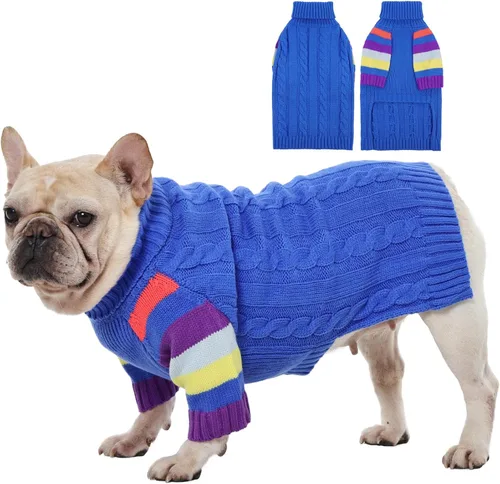Suéter para perro, suéteres para perros de tamaño grande, suéter elástico de cuello alto para perro, suéteres de punto para Shiba Inu, bulldog Azul