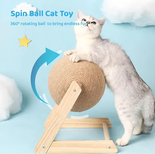 Miniatura 5 de BATTIPAW Rascador de gato, bola rascador de conejo, rascador de sisal natural, bola giratoria para gatos, juguete rascador de madera maciza