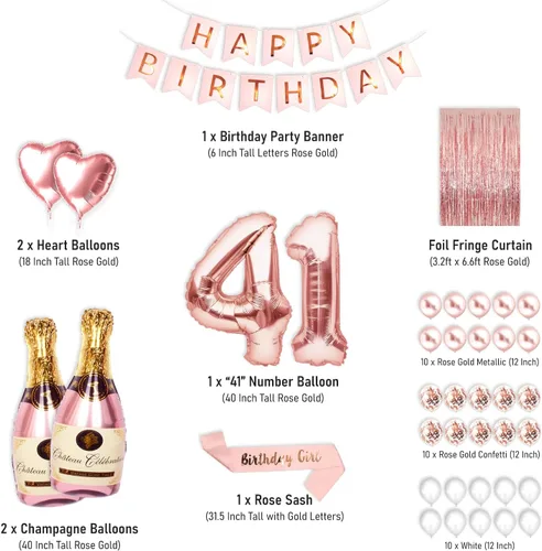 Miniatura 2 de Decoraciones de fiesta de cumpleaños número 41 para ella, suministros de oro rosa, juego grande con pancarta de cumpleaños y globos de 41 dígitos