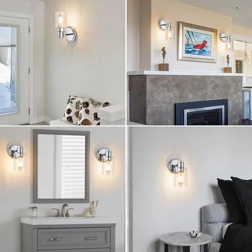 Miniatura 7 de Apliques de Pared de Baño de 2 Luces con Cristal Transparente, Luces de Pared de Baño Sobre Espejo, Luces de Tocador Cromadas con Base E26