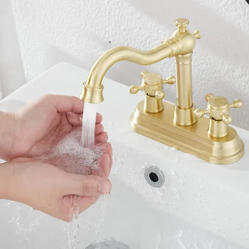 Miniatura 8 de Llave de baño GGStudy de oro cepillado, de 2 asas, de 4 pulgadas, llave central para baño con montaje de drenaje y manguera de suministro, llave