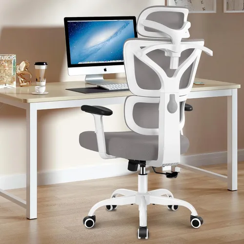 Miniatura 10 de Winrise Silla de oficina y juegos, silla de escritorio ergonómica reclinable con respaldo alto, grande y alta, cómoda oficina en casa, malla Blanco