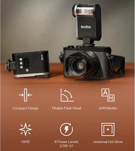 Miniatura 2 de Godox Mini cámara flash IA32, Speedlite GN15 con 8 niveles de potencia de flash 1/128-1/1, control óptico S1/S2 para Fuji, para Canon, para Nikon