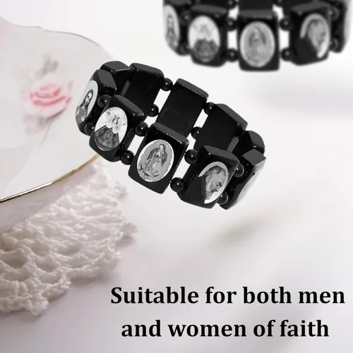 Miniatura 8 de Catholica Shop Pulseras elásticas de madera religiosas católicas devocionales. Paneles pequeños y grandes con imágenes surtidas de santos, Jesús