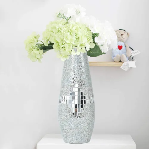 Florero decorativo brillante, impresionante mosaico hecho a mano, decoración de la casa, centros de mesa, decoración moderna de habitación (plateado)