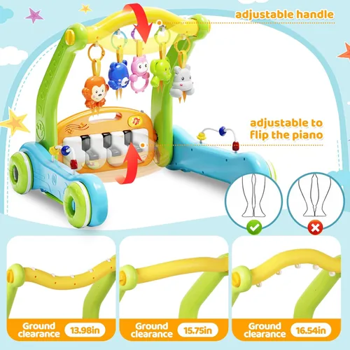 Miniatura 5 de Tapete de juego para gimnasio para bebés con andador, centro de actividades de piano 2 en 1 con luz y música, tapete para el tiempo boca abajo