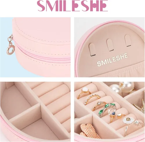 Miniatura 4 de Smileshe Joyero de viaje, mini organizador portátil con cremallera, de piel sintética, pequeñas cajas de almacenamiento para anillos, aretes