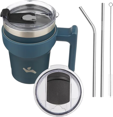 Miniatura 72 de Konokyo - Vaso de 10 onzas con asa y 2 popotes, 2 tapas, botella de agua aislada de acero inoxidable, taza de viaje reutilizable, color verde militar