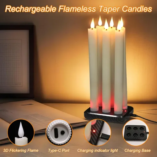 Miniatura 3 de GenSwin Velas cónicas recargables sin llama con base de carga, paquete de 6 velas LED que funcionan con batería con control remoto y temporizador