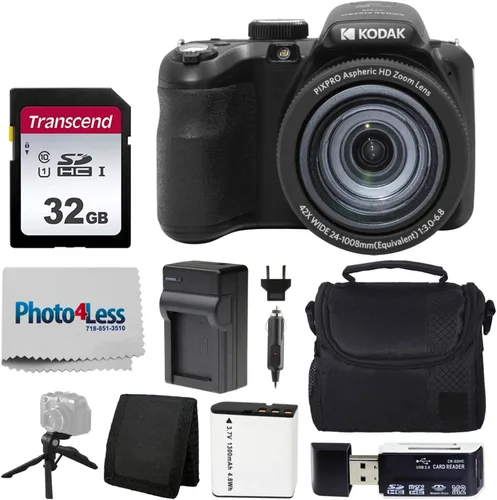 Kodak PIXPRO AZ425 - Paquete de cámara digital con tarjeta de memoria de 32GB, estuche para cámara (negro), batería, cargador, lector de tarjetas