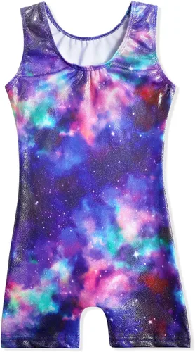 Miniatura 117 de HOZIY - Leotardos de gimnasia con pantalones cortos brillantes para niñas pequeñas; estampados de unicornio, aurora, arco iris, sirena, dinosaurio