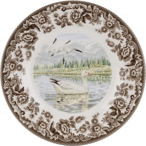 Miniatura 29 de Spode Woodland - Plato de ensalada de porcelana fina, diseño de lucioperca con borde floral marrón, vajilla clásica de campo inglés para cenas