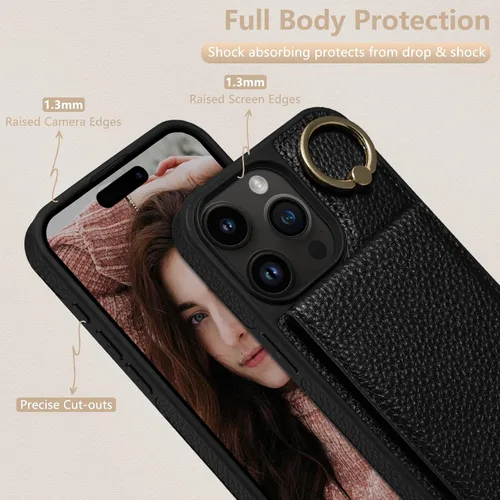 Miniatura 6 de Funda para iPhone 15 Pro Max de 6.7'', Funda Cartera Cruzada Desmontable con Ranuras para Tarjetas con Bloqueo RFID, Soporte de Anillo 360°, Funda