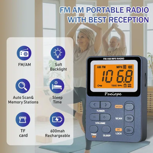 Miniatura 2 de Radio portátil AM FM, Walkman de bolsillo recargable con la mejor sintonización digital de recepción, MP3, auriculares estéreo, pantalla LCD grande