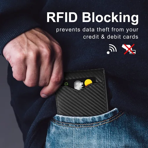 Miniatura 4 de GSOIAX Billetera delgada para hombre minimalista de cuero genuino fibra de carbono con bloqueo RFID de cuero vacuno plegable con caja de regalo