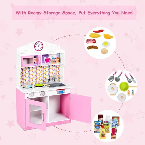 Miniatura 3 de OLAKIDS - Juego de cocina para niños, cocina de madera para niños pequeños con sonidos reales, estufa, microondas, horno, fregadero, gabinete