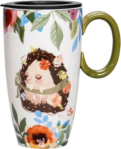 Taza de viaje de cerámica con tapa, tazas de café altas con asa, taza de café y té de porcelana, bonito diseño de erizo, regalos de cumpleaños de