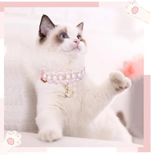Miniatura 6 de Collar Premium de Cuero PU para Gato y Perro con Colgante de Concha - Ajustable, Perla Linda, Encaje Hermoso, Rosa Pequeña