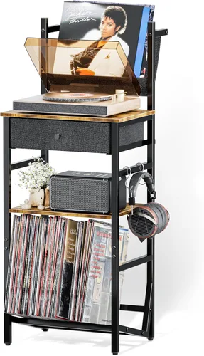 Miniatura 9 de HYPIGO Soporte para tocadiscos con tomas de corriente, soporte para tocadiscos con almacenamiento de discos de vinilo con capacidad para más de 300