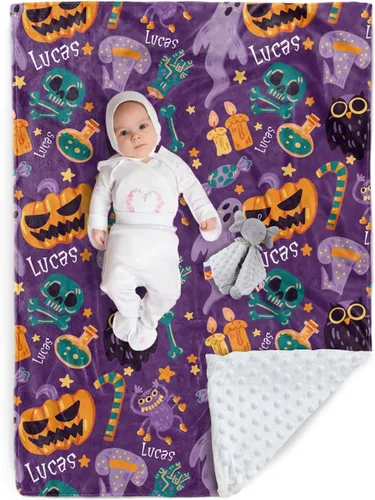 Miniatura 16 de Manta de Halloween personalizada, diseños de dibujos animados con nombre personalizable, manta de franela de felpa suave con respaldo punteado