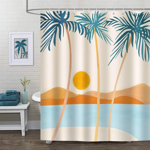 Miniatura 2 de Bonhause Cortina de ducha tropical de playa, cortina de baño bohemia de palmeras hawaianas de mediados de siglo, 72 x 72 pulgadas, tela de poliéster