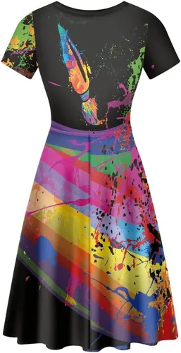Miniatura 2 de NAYINLAN Vestido colorido arcoíris para mujer, vestidos midi casuales de manga corta
