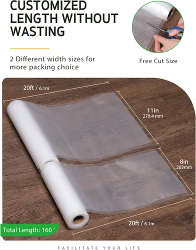 Miniatura 2 de Syntus Bolsas selladoras al vacío, paquete de 8 rollos de 11 pulgadas x 20 pies y 4 rollos de 8 x 20 pies de grado comercial sin BPA, bolsas
