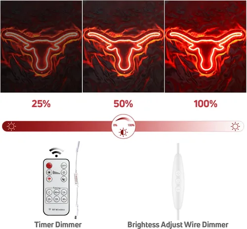Miniatura 4 de Texas Bull - Letrero de neón para pared, atenuador remoto rojo del oeste de Texas Bull Skull LED de neón, lámpara de vaca toro alimentada por USB