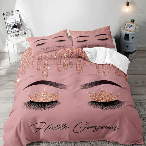 VIVIHOME - Juego de ropa de cama de 2 piezas, funda de edredón tamaño individual, color rosa dorado con purpurina y corona de princesa y pestañas,