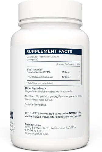 Miniatura 3 de Renue By Science Suplemento NMN 60 cápsulas entéricas SLC – 250 mg de mononucleótido de nicotinamida por porción Liberación retardada para una