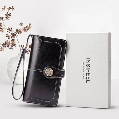 Miniatura 7 de INSIFEEL Billetera pequeña para mujer, bolso compacto de cuero con bloqueo RFID RFID para mujer, Negro, Retro