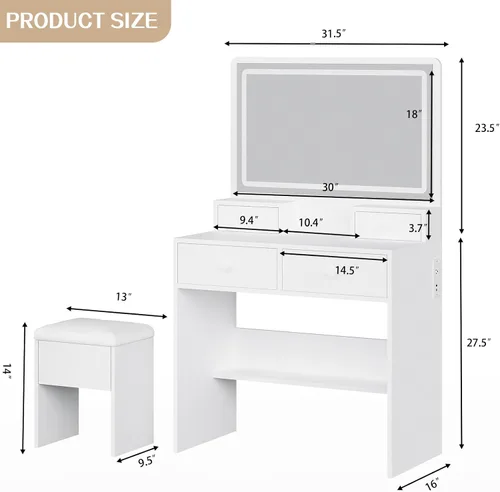 Miniatura 2 de FUXA Escritorio de maquillaje con espejo LED y estación de carga, juego de mesa de tocador con cajón de almacenamiento y silla para dormitorio