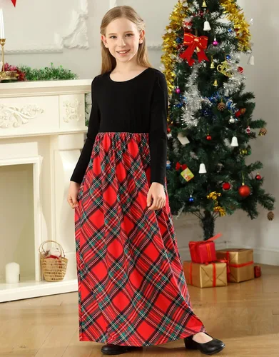 Miniatura 3 de KYMIDY - Vestido largo para niña, casual, a cuadros estilo Buffalo, de manga larga, con bolsillos (para niñas de 6 a 14 años)