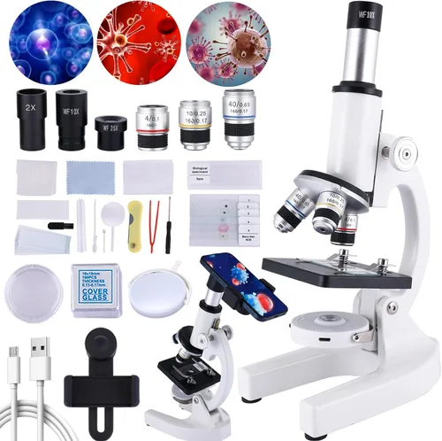 Microscopio para niños y adultos, microscopio 40X-2000X con adaptador para teléfono y juego de diapositivas, adecuado para laboratorio escolar y