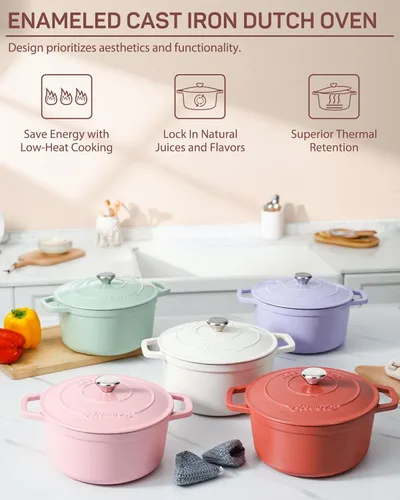 Miniatura 3 de Ciwete Horno holandés de hierro fundido esmaltado, olla de 4.4 cuartos de galón con tapa y agarraderas, utensilios de cocina resistentes