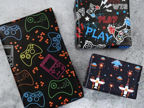 Miniatura 6 de Geluode Papel de regalo de cumpleaños para niños y niñas, amantes de los videojuegos, papel de regalo de videojuegos de 4 estilos, 8 hojas plegadas