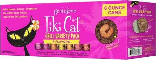 Tiki Cat Grill - Alimento húmedo bajo en carbohidratos con mariscos enteros en caldo para gatos y gatitos adultos, 6 onzas, 8 unidades, variedad